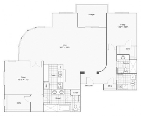 Floor plan for 2 beds, 2 baths, 1820 sqft